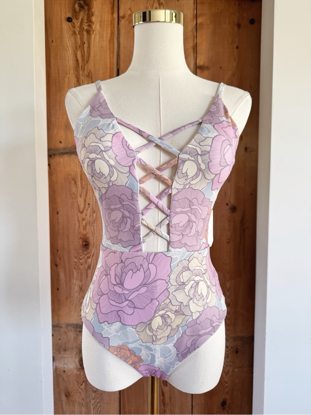 Sz M Dippin Daisys Bliss Pastel Floral Plunging Criss Cross One Piece Swimsuit